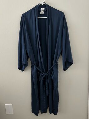 Vintage Reckless Navy Blue 100% Silk Robe Kimono Lightweight One Size Belted